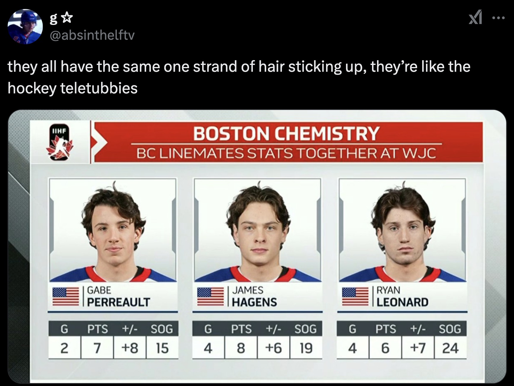 player - g they all have the same one strand of hair sticking up, they're the hockey teletubbies Iihf Boston Chemistry Bc Linemates Stats Together At Wjc Gabe Perreault Pts Sog G 2 7 8 15 James Hagens G Pts Sog 48 6 19 Ryan Leonard G Pts Sog 46 7 24